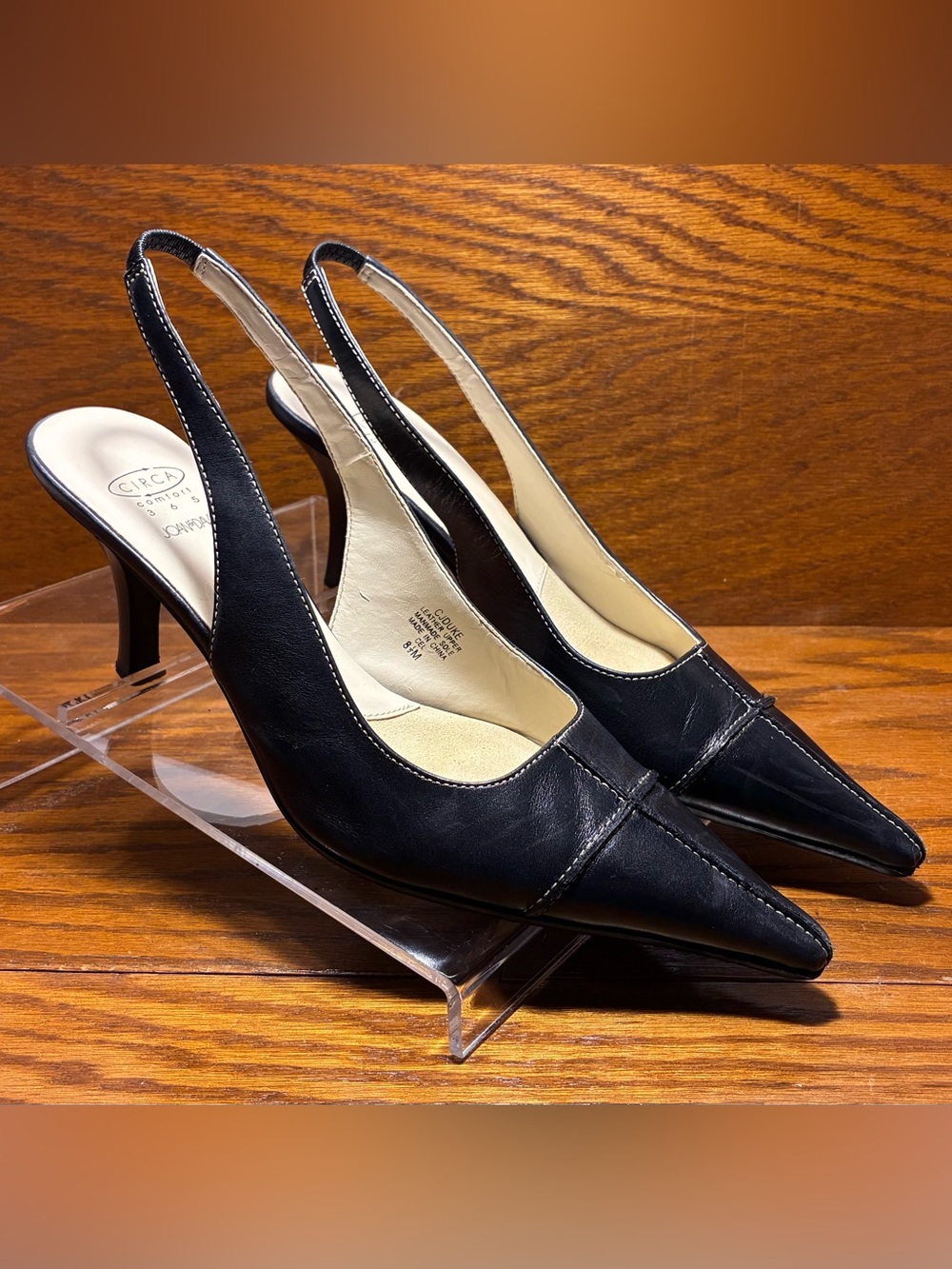 Circa Joan & David Navy Leather Pointed Toe Contrast Stitch Slingback Heels 8.5